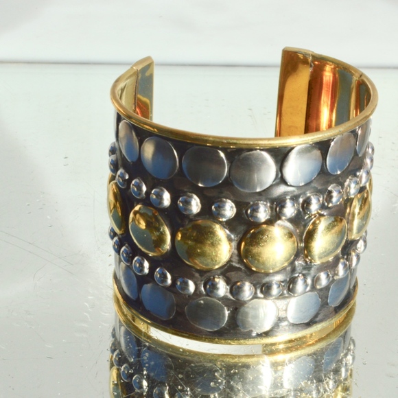 Biker Cuff Silver Brass Wide Bracelet Stud Studded - Picture 7 of 8